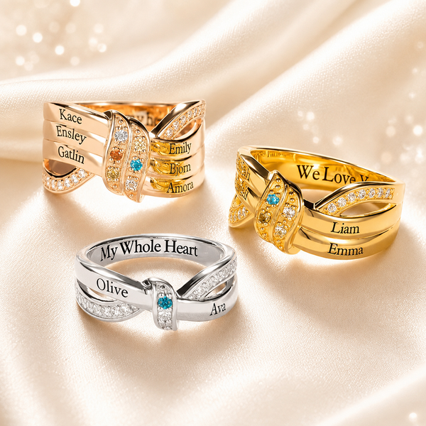 Personalized Mother's Ring with Birthstones and Engraved Names - Customizable Family Jewelry in Silver or Copper