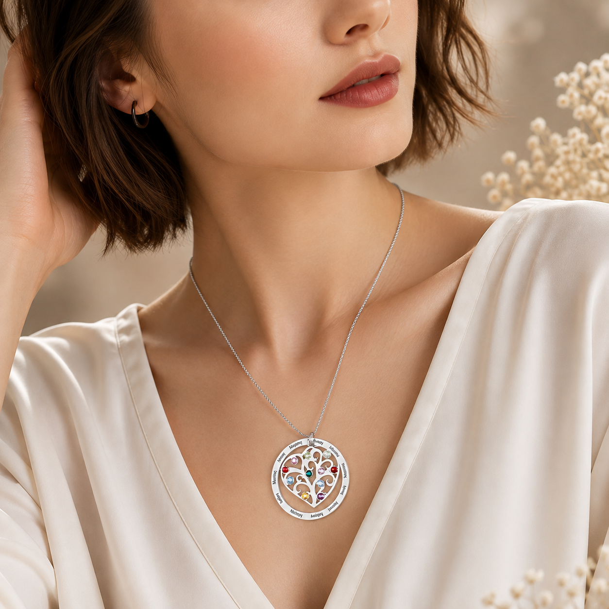 Woman wearing a silver personalized heart family tree birthstone necklace