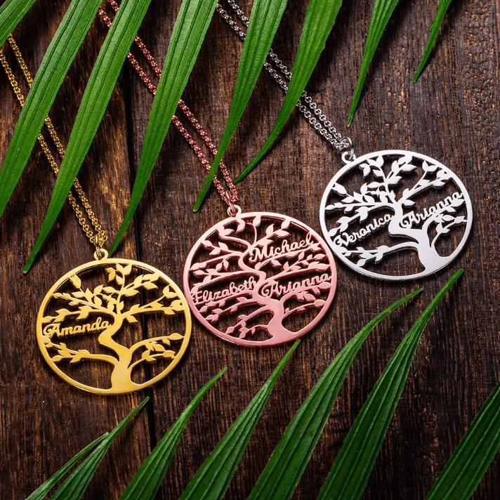 Personalized Family Tree Necklace - Custom 1-13 Names Pendant for Mothers and Grandmothers, 925 Sterling Silver Tree of Life Family Jewelry - Belbren