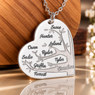 Close-up of personalized family tree necklace with engraved names