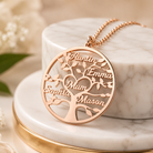 Rose gold family tree necklace personalized with family names