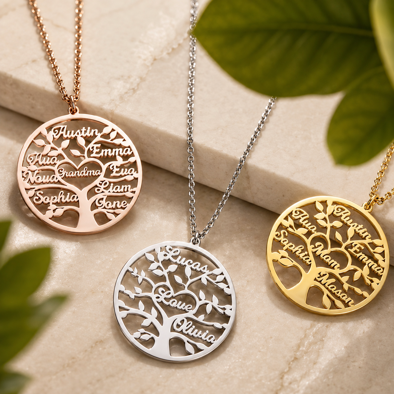 Gold, silver and rose gold personalized family tree necklaces with custom names