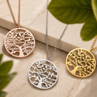 Gold, silver and rose gold personalized family tree necklaces with custom names