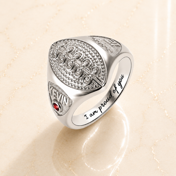 Custom Football Championship Signet Ring - 925 Sterling Silver  - Personalized Name, Number & Birthstone - Sports Jewelry for Football Fans