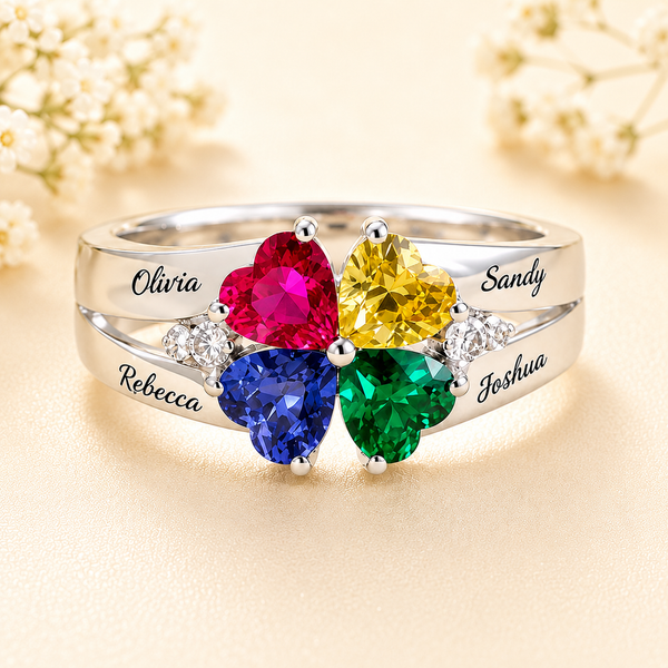 Personalized Four Heart Family Birthstone Ring with 2-4 Engraved Names