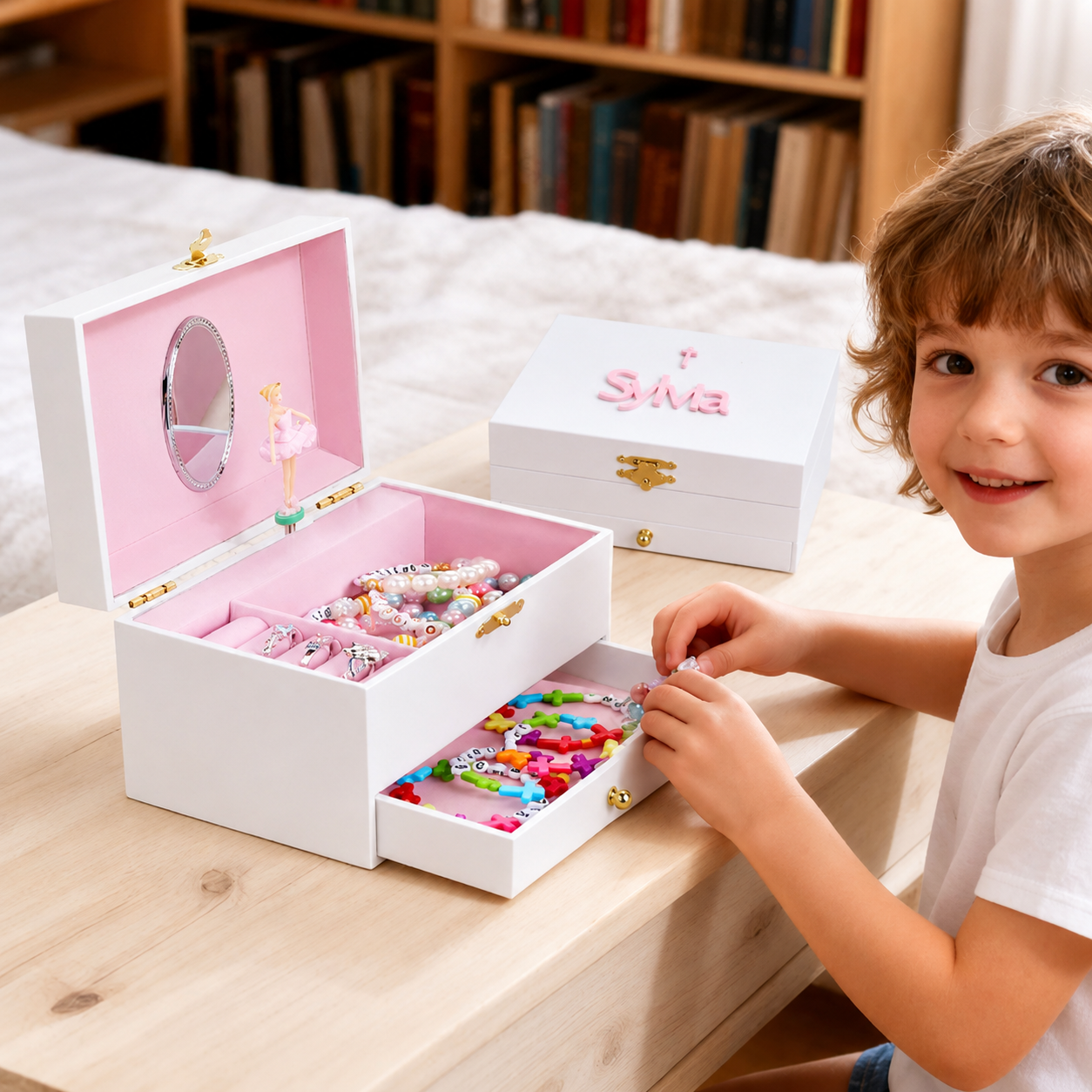 Personalized musical ballerina jewelry box for girls with two-layer storage and child