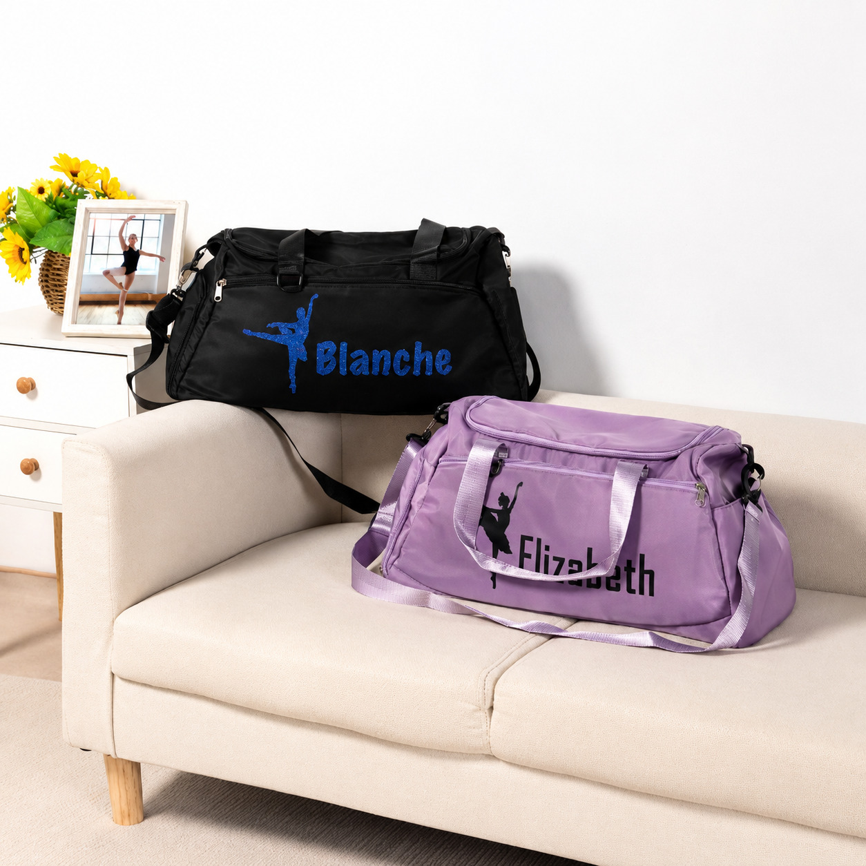 Personalized dance duffle bags in black, purple and purple colour options