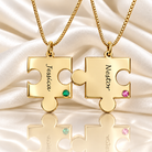 Gold personalized couple puzzle necklace with engraved names and birthstones