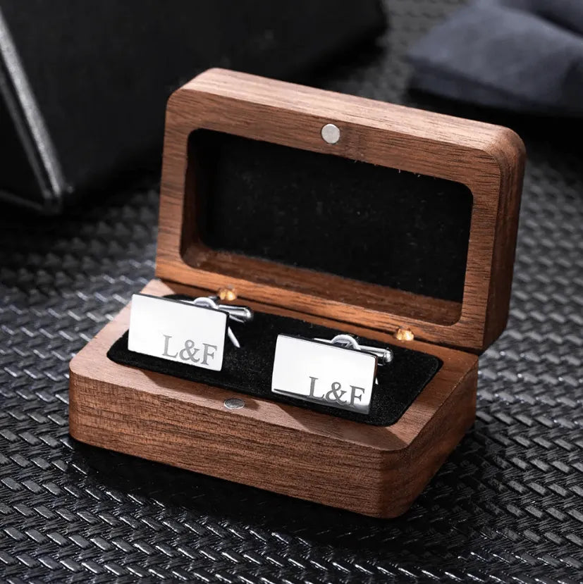 Personalized silver cufflinks presented in wooden gift box