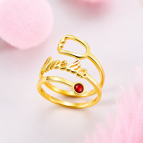 Personalized Stethoscope Ring with Birthstone for Doctors and Nurses