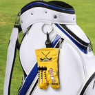 Personalized yellow golf ball sack with tee holder attached to golf bag