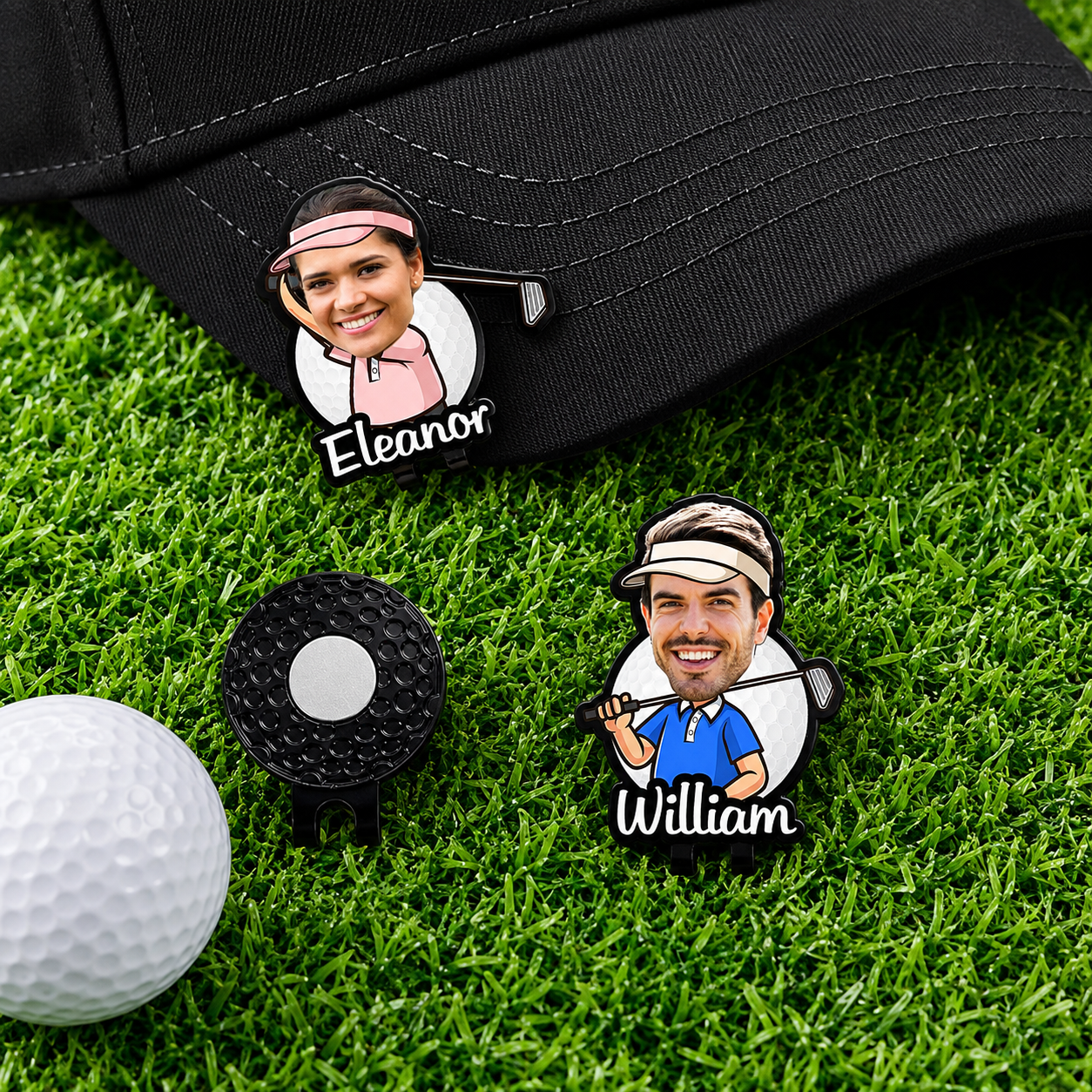 Custom Eleanor and William personalized golf ball markers with magnetic hat clip