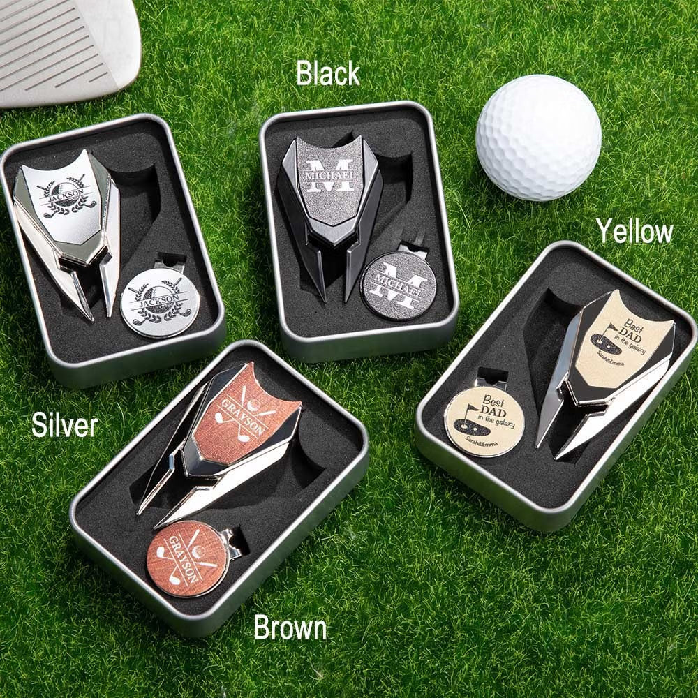 Personalized magnetic golf divot tool color options in silver black brown and yellow