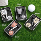 Personalized magnetic golf divot tool color options in silver black brown and yellow