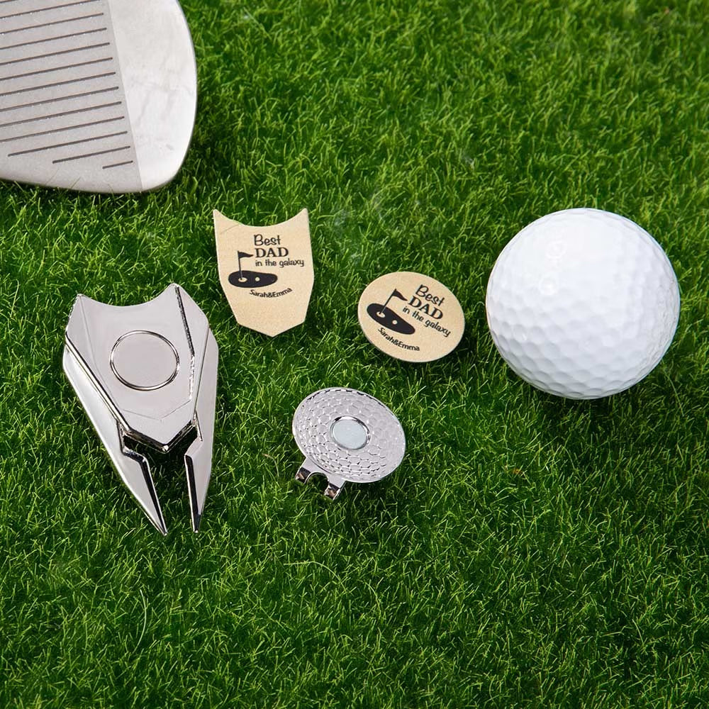 Personalized golf divot repair tool with removable magnetic ball markers and golf ball