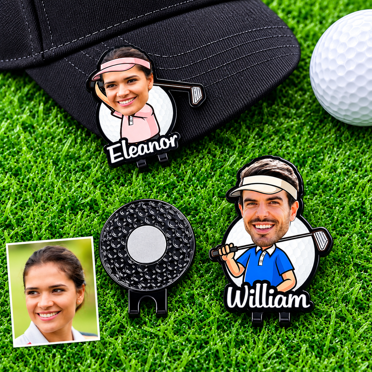 Custom Eleanor and William photo cartoon golf ball markers displayed with black golf hat
