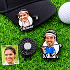 Custom Eleanor and William photo cartoon golf ball markers displayed with black golf hat