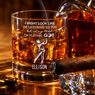 Personalized golfer whiskey glass with custom name displayed with whiskey and cigar