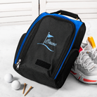 Black and blue personalized golf shoe bag displayed with golf shoe and golf accessories