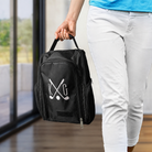 Personalized black golf shoe bag with white crossed golf clubs embroidery