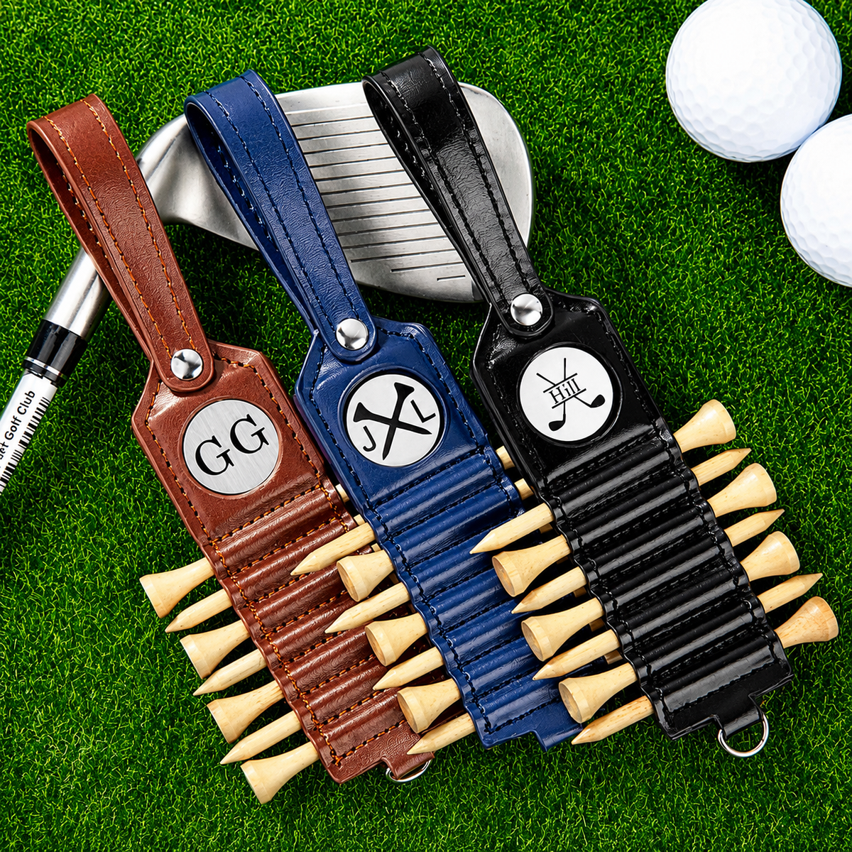 Personalized golf tee holders in brown blue and black with custom engraved initials