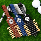 Personalized golf tee holders in brown blue and black with custom engraved initials