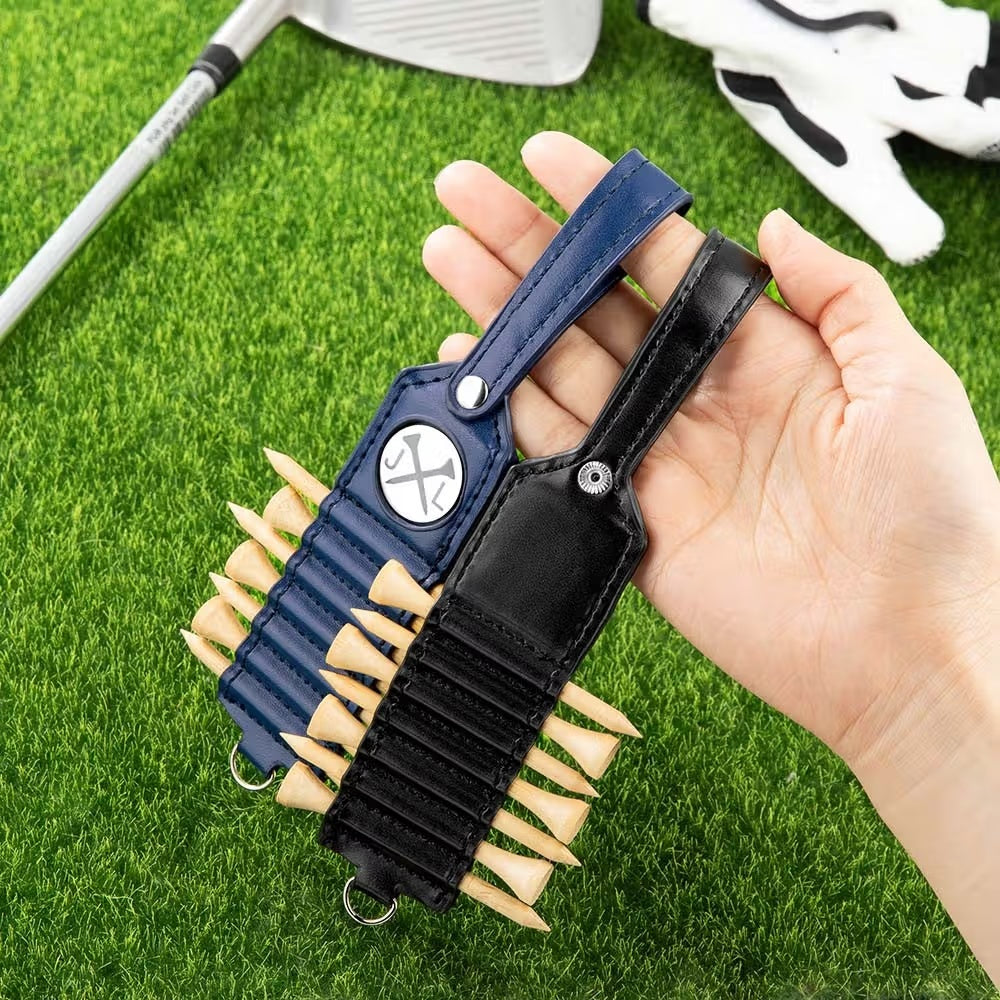 Personalized black golf tee holder held in hand with golf tees