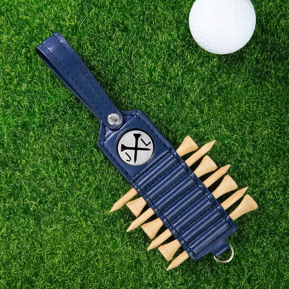 Blue personalized golf tee holder with custom engraved initials and wooden tees
