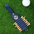 Blue personalized golf tee holder with custom engraved initials and wooden tees