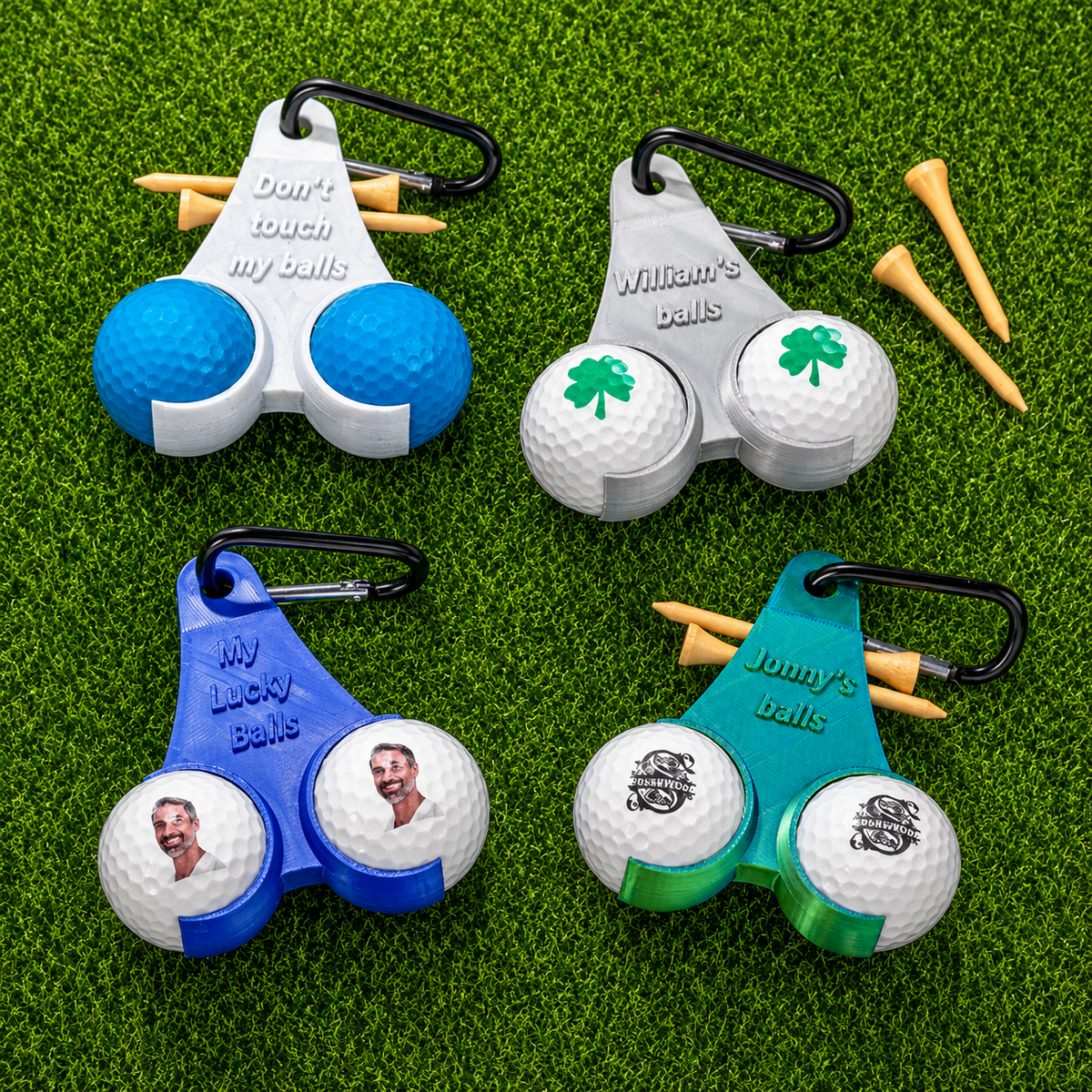 Personalized multicolor golf ball and tee holders with clips on green grass