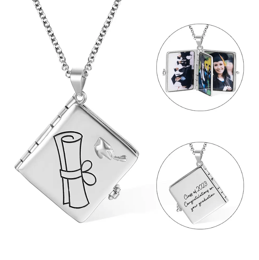 Personalized Graduation Album Necklace - Custom Photo Pendant with Engraved Message - Gift in Platinum, Gold, Rose Gold - Keepsake Jewelry - Belbren