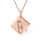 A rose gold necklace featuring a square locket with a graduation cap and diploma design on the front.