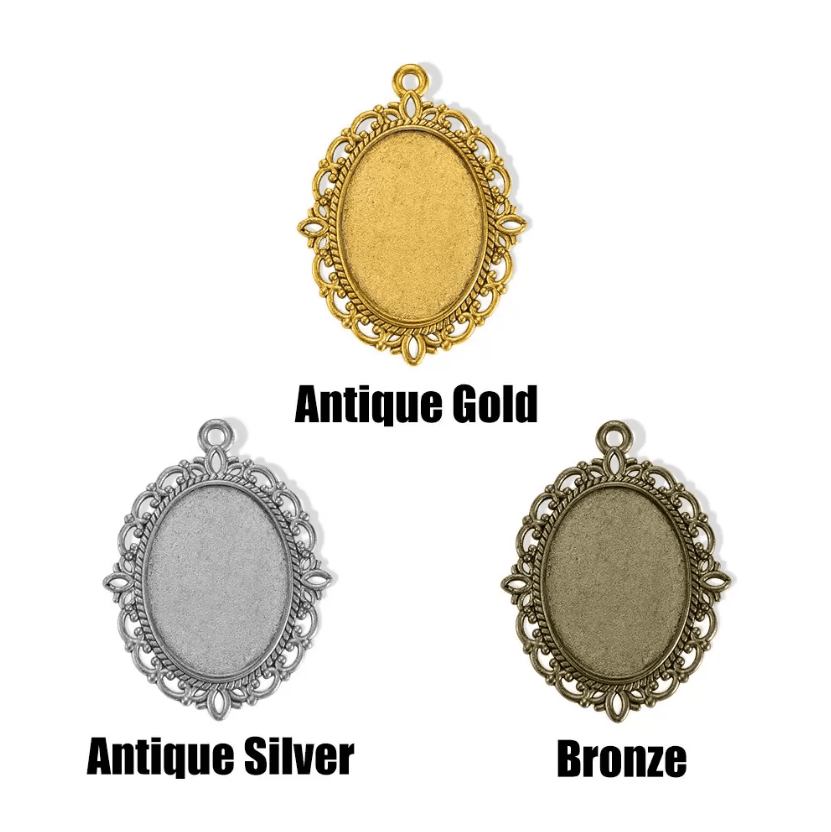 Three ornate oval frames for graduation hat tassels in different finishes: Antique Gold, Antique Silver, and Bronze, displayed against a white background.