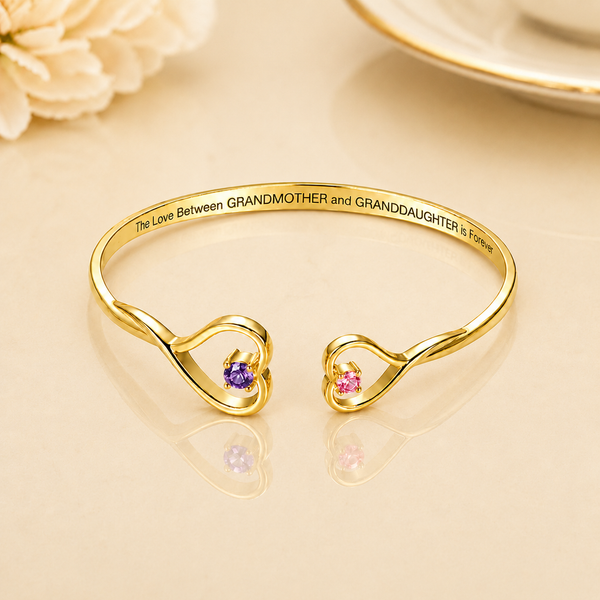 Personalized 2 Birthstone Heart Bracelet Engraved Gift for Mom Grandma