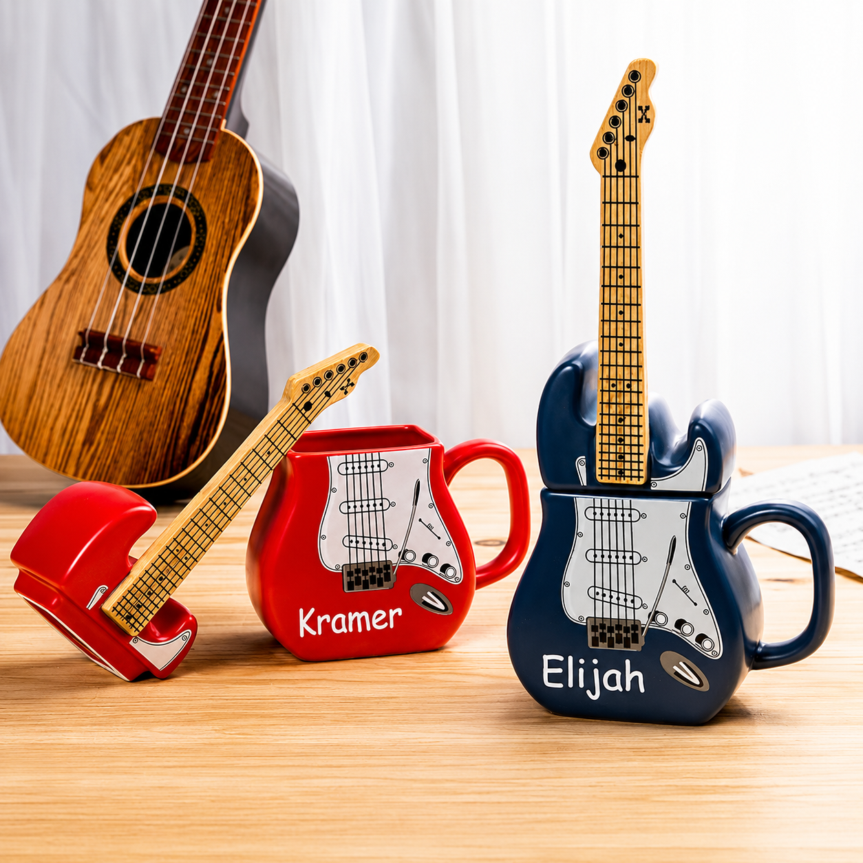 Blue and red personalised guitar-shaped ceramic coffee mugs with removable guitar-shaped lids