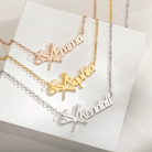 Three personalized hairdresser necklaces with names Emma, Sophia, and Kendall, featuring scissors and comb design in rose gold, gold, and silver finishes.