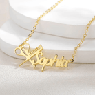 Gold personalized hairdresser necklace with the name Sophia, featuring a scissors and comb design, displayed on a white background.