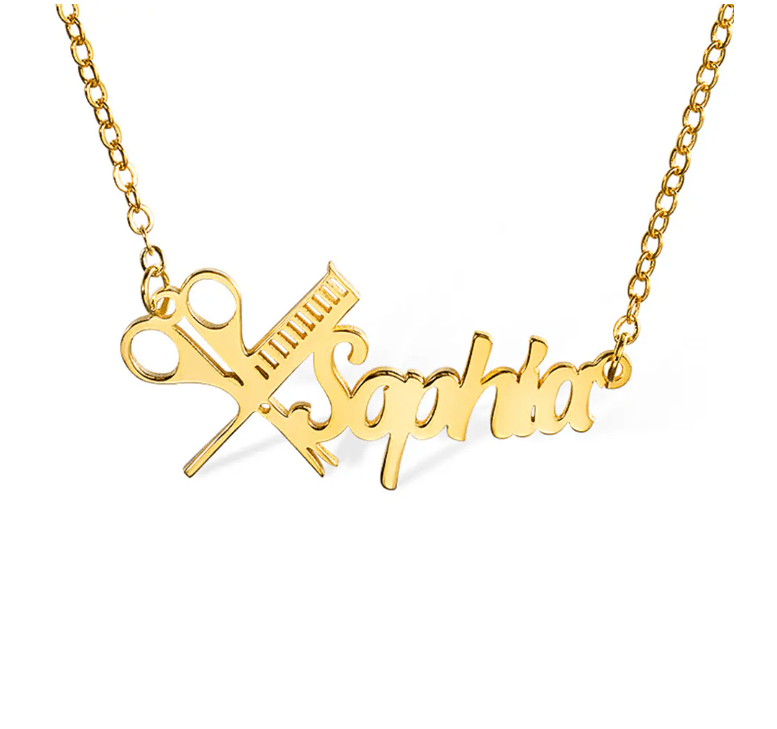 Gold personalized hairdresser necklace with the name Sophia, featuring a scissors and comb design, displayed on a white background.