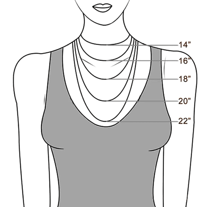 Illustration showing different necklace lengths (14, 16, 18, 20, and 22 inches) on a woman's torso, helping to visualize how each length falls on the body.