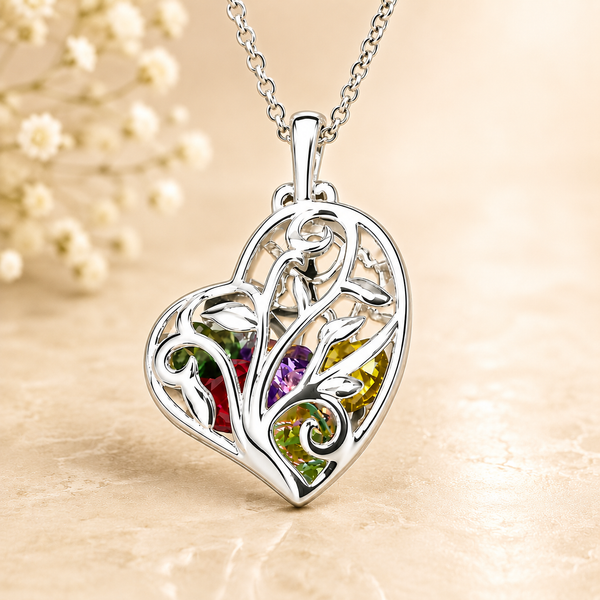 Personalized Heart Cage Family Tree Birthstone Necklace