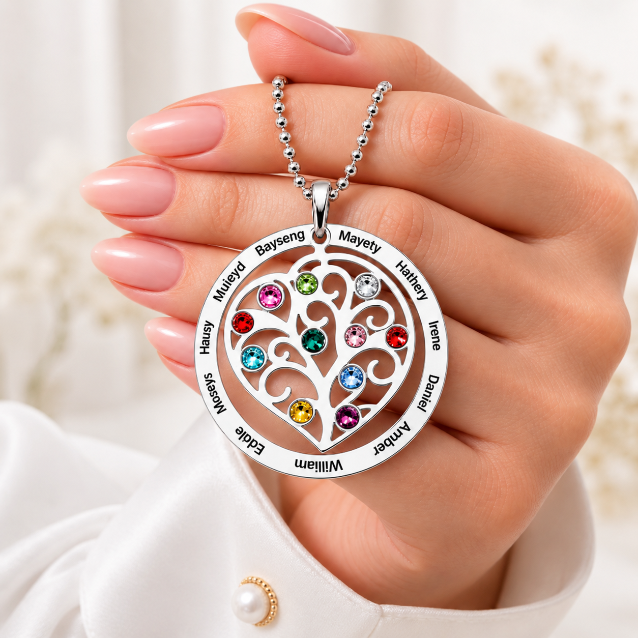 Silver personalized heart family tree necklace with engraved names and colorful birthstones