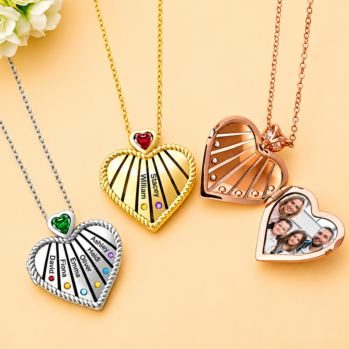 Personalized family heart photo lockets in gold silver and rose gold