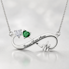 Personalized infinity birthstone necklace with clear and green stones