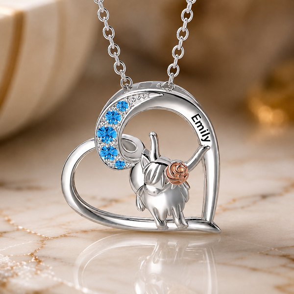 Personalized Highland Cow Name & Birthstone Necklace for Her