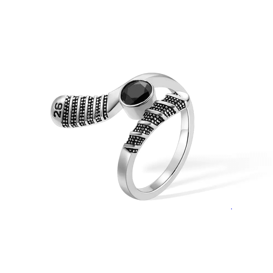 Silver ring designed to resemble a hockey stick with a black gemstone at center and player number '26' engraved, ideal for hockey enthusiasts.