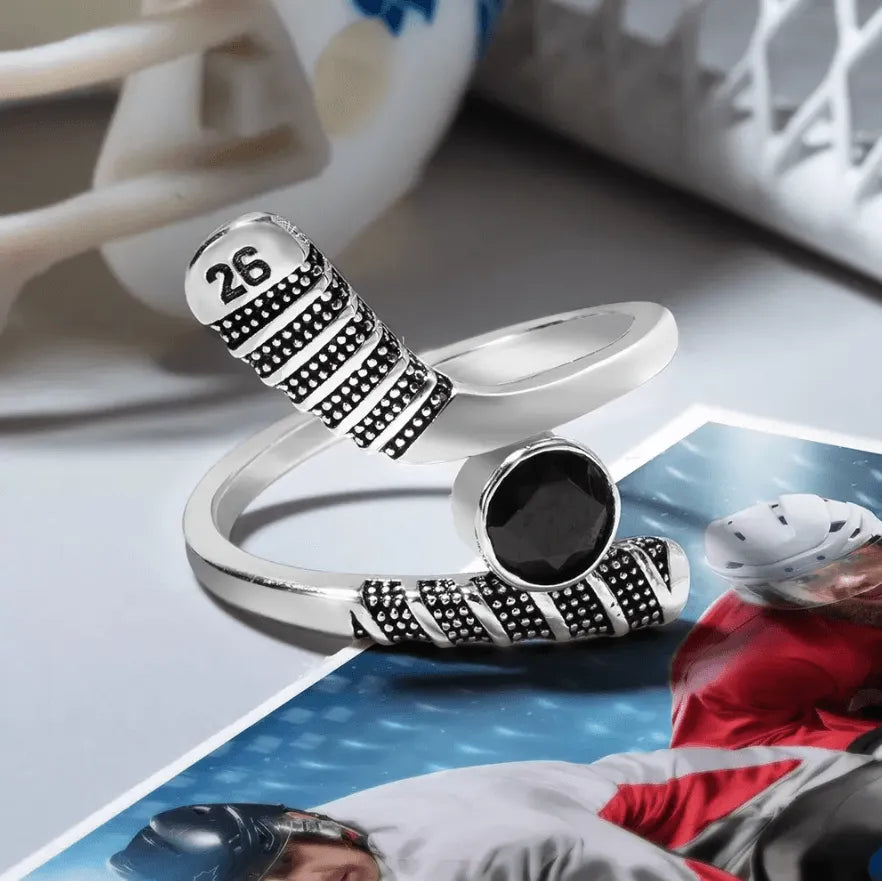 Personalized Hockey Stick Ring with Player Number & Birthstone - Custom Silver Jewelry for Hockey Moms, Wives, and Girls - Belbren