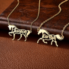 Two gold personalized horse name necklaces with custom horse designs