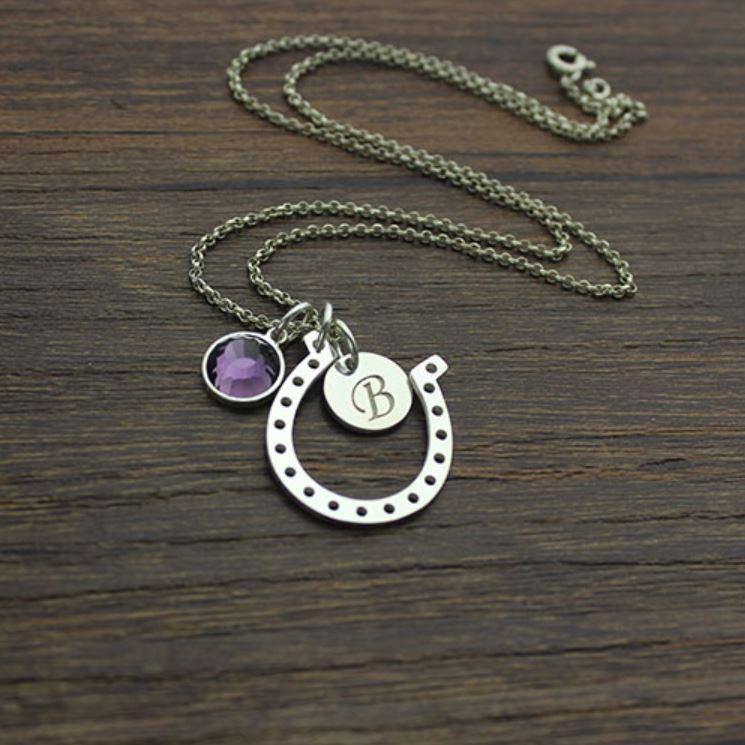 Personalized Horseshoe Good Luck Necklace with Initial & Birthstone Charm - Gold or Silver, Lucky Charm Jewelry - Belbren