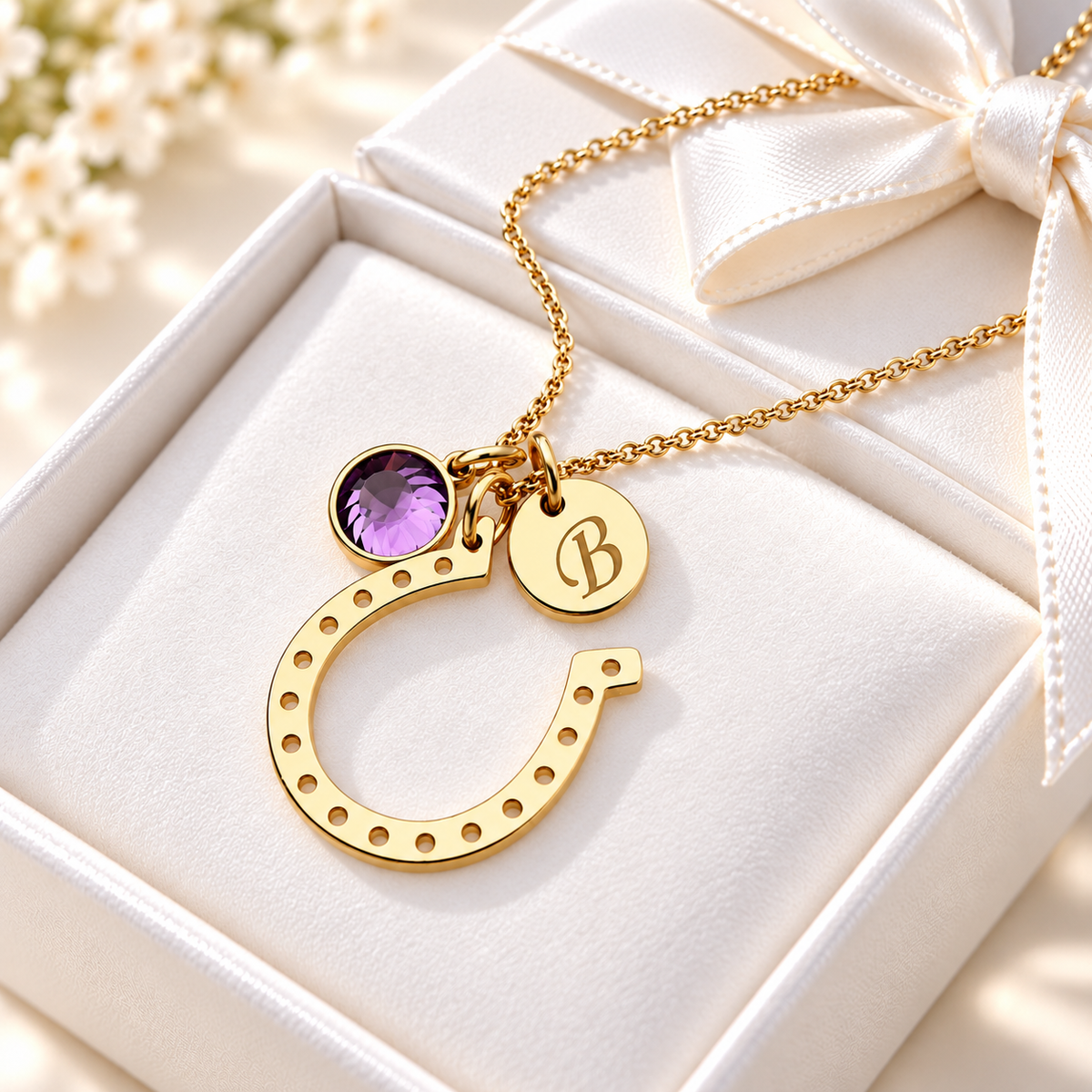 Personalized good luck horseshoe necklace in sterling silver with birthstone