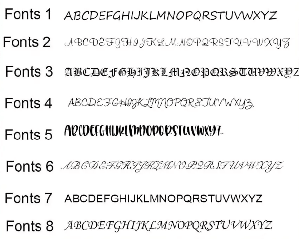Sample display of eight different font styles labeled Fonts 1 through 8, showcasing a variety of typefaces from classic to decorative.
